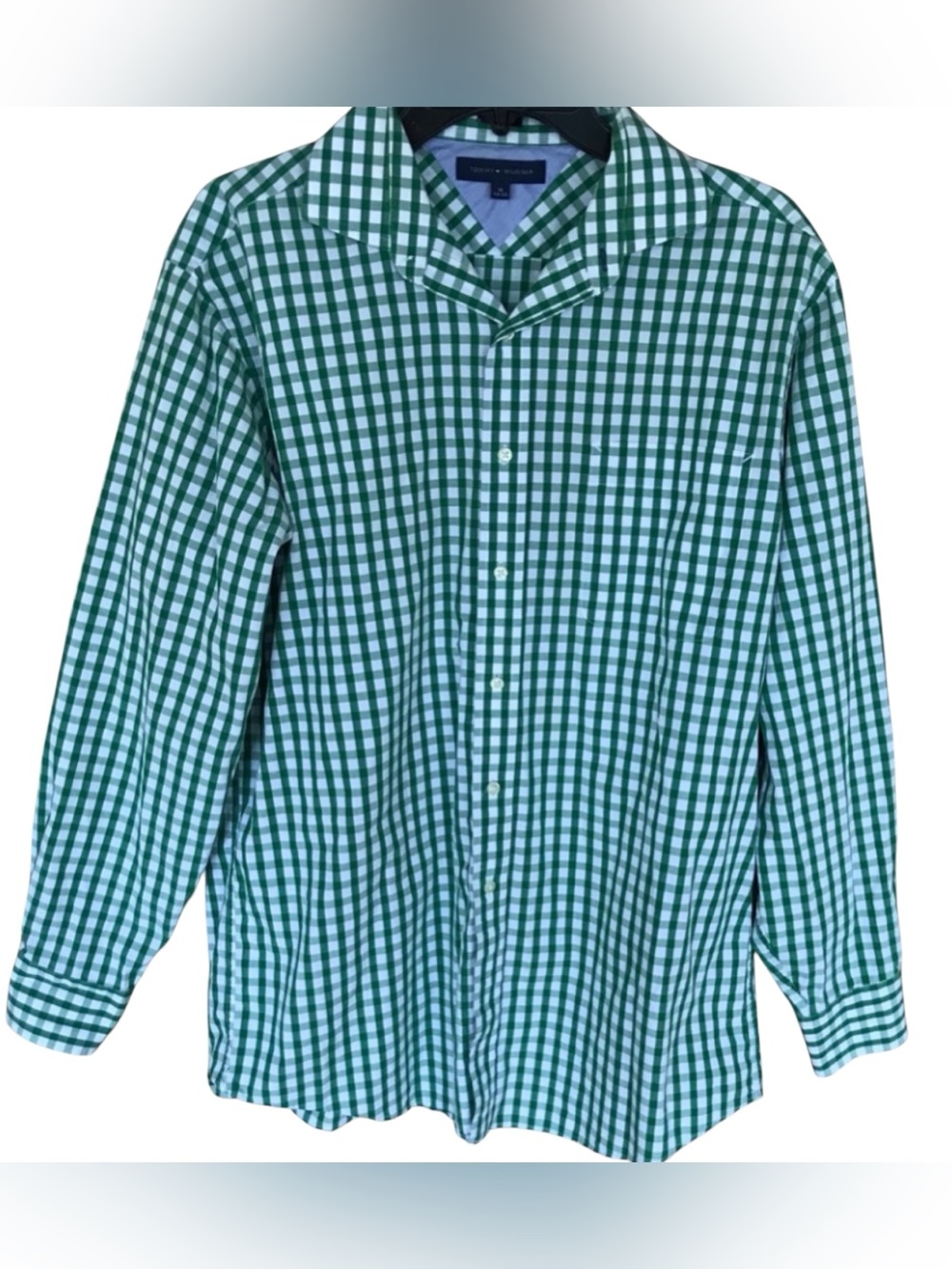 Tommy Hilfiger Green White Gingham Button Down Shirt Regular Fit Mens 16 34/35